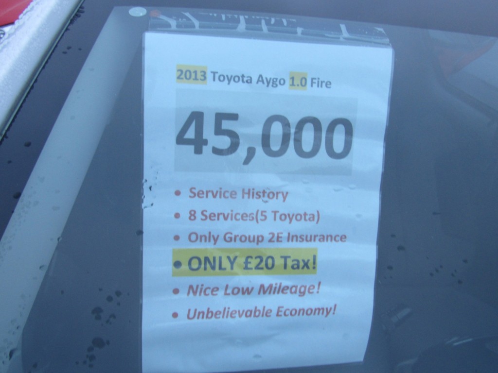 View TOYOTA AYGO 1.0 VVT-i Fire Only 45,000 miles, Service History.8 Services (5 Main Dealer) Only £20 Tax